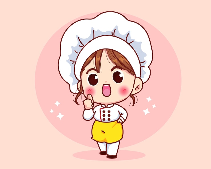 무료 Vector 만화 예술 그림 엄지 손가락을 포기하는 유니폼에 웃 고 귀여운 요리사 소녀