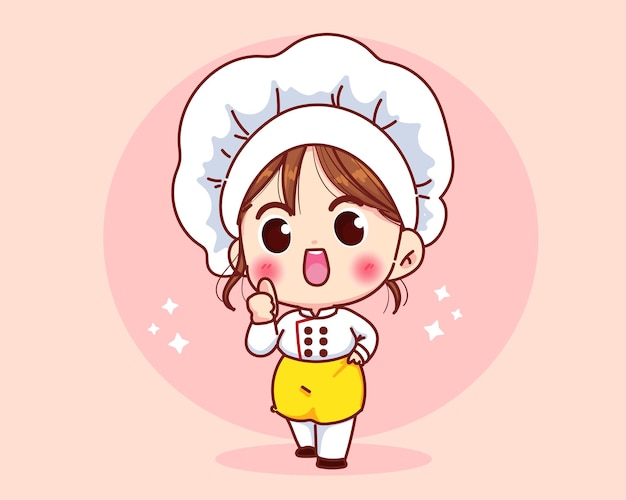 Cute chef girl smiling in uniform giving thumbs up cartoon art illustration 