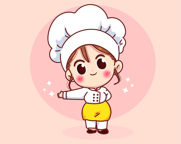 Cute chef girl smiling in uniform welcoming and inviting his guests cartoon art illustration