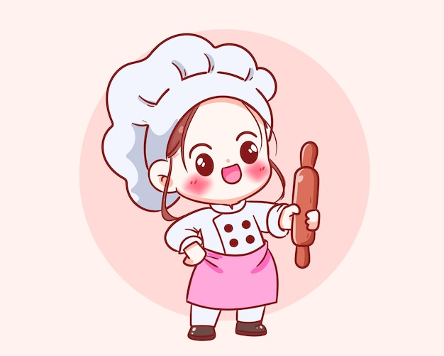 Cute chef girl in uniform character holding rolling pin food restaurant logo cartoon art illustration