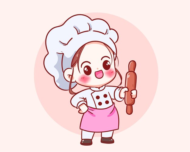 Симпатичная девушка-повар в униформе, держащая скалку, логотип ресторана, мультяшная иллюстрация искусства