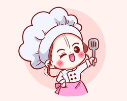 Cute chef girl in uniform character holding a turner food restaurant logo cartoon art illustration