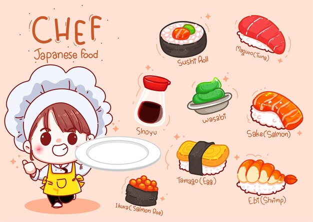 Cute chef hold plate with sushi, japanese food cartoon hand draw illustration