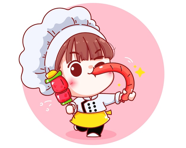 Cute chef holding barbecue and a grilled sausage cartoon illustration