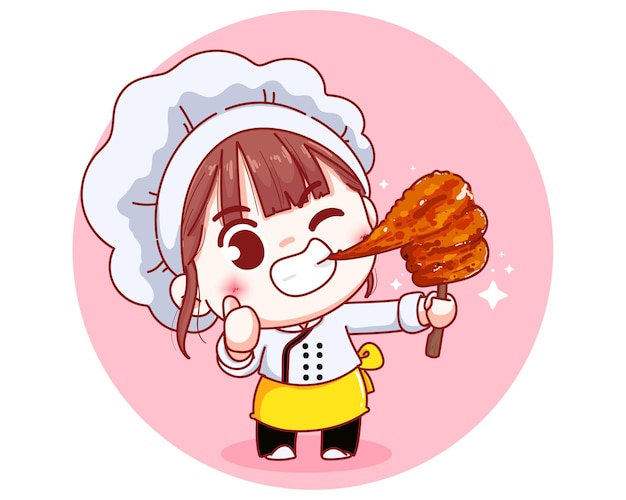 Cute chef with grilled skewered milk pork thai food cartoon illustration