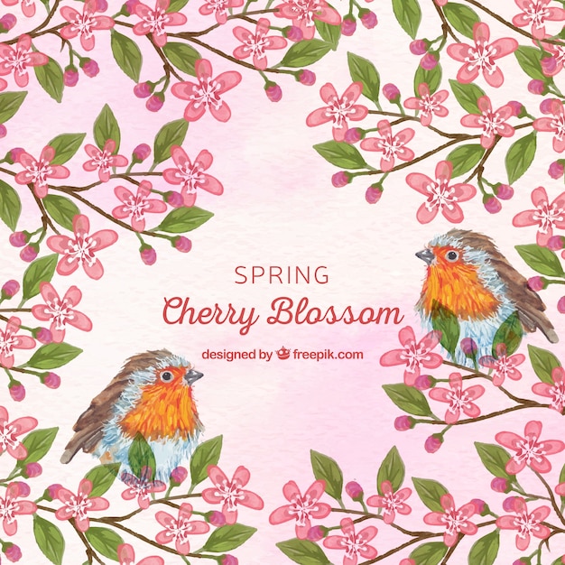 Vettore gratuito sfondo carino fiori di ciliegio con uccelli acquerello