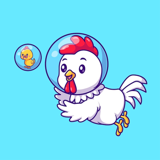 Free vector cute chicken astronaut catching chick cartoon vector icon illustration. animal science isolated flat