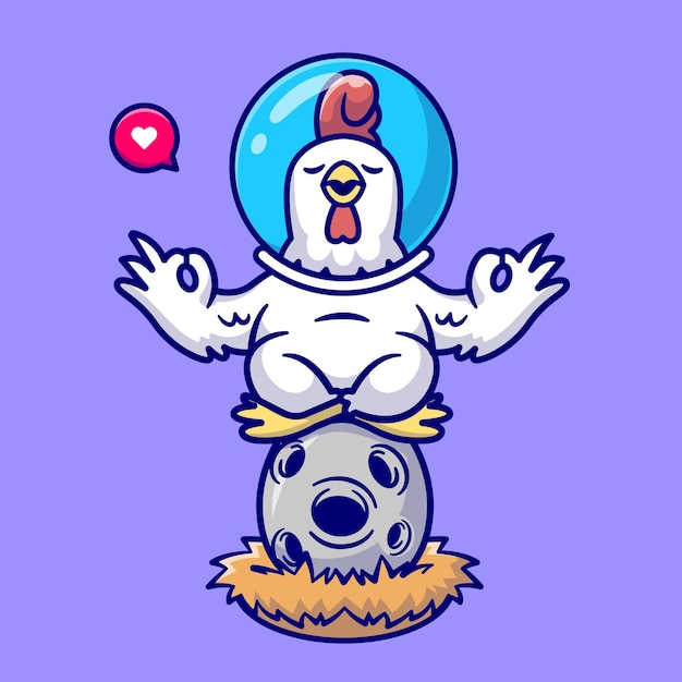 Бесплатное векторное изображение Милая курица медитация астронавта на яйце луне мультфильм векторная икона иллюстрация иконы науки о животных