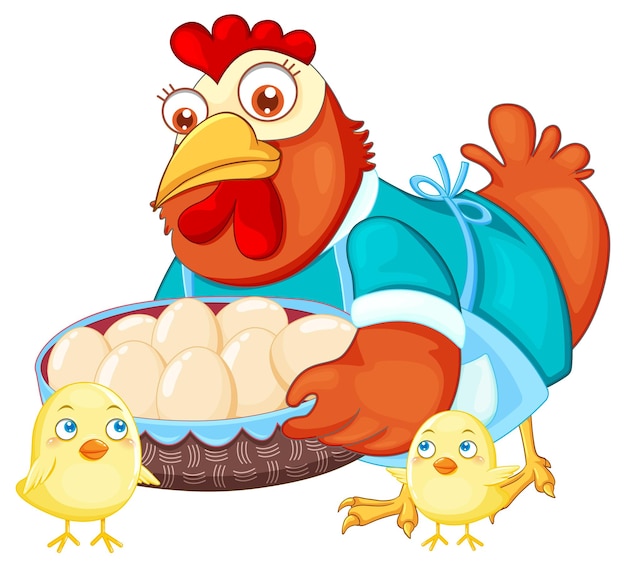 Симпатичный персонаж мультфильма о курице с корзиной яиц