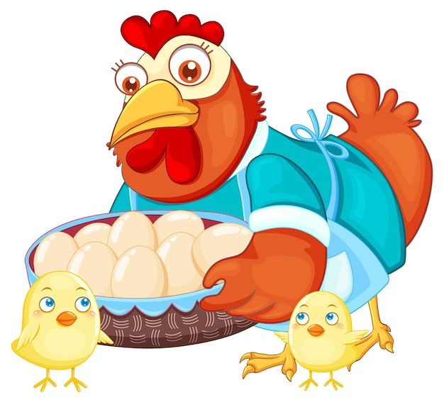 Cute chicken cartoon character holding a basket of egg