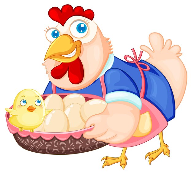 卵とシックのバスケットを保持しているかわいい鶏の漫画のキャラクター