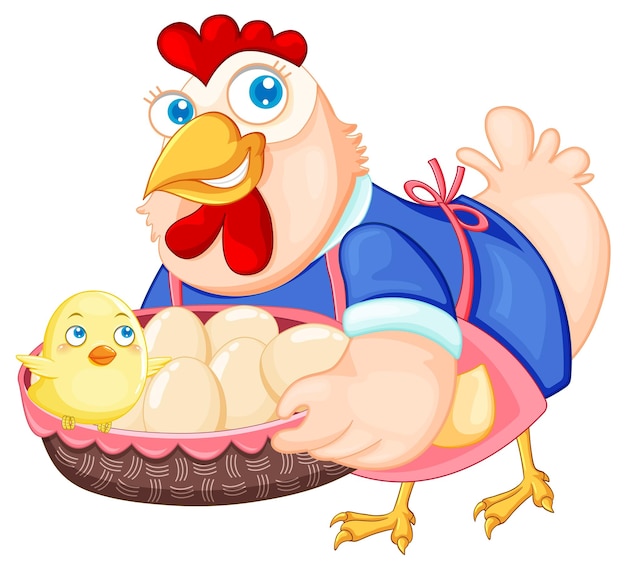 Cute chicken cartoon character holding a basket of eggs and chic