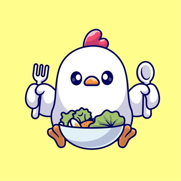 Free Vector cute chicken eating vegetable salad with egg cartoon vector icon illustration animal food isolated