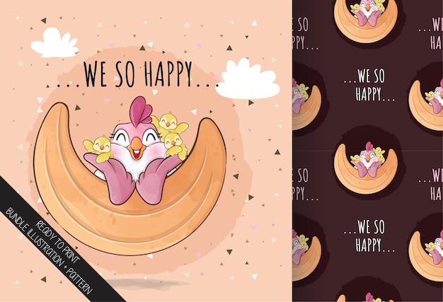 Free vector cute chicken family on the moon illustration  illustration and pattern set