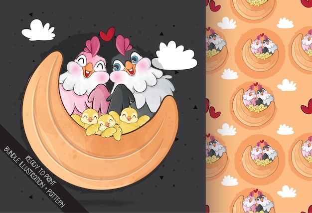 Симпатичная куриная семья на луне иллюстрации и набор шаблонов