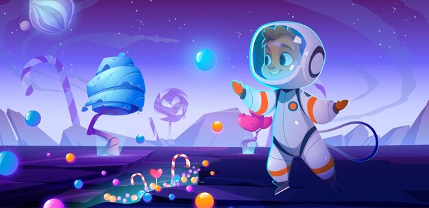 Cute child astronaut on alien planet with sweets and candies around space party birthday celebration...