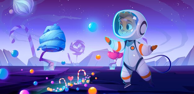 Милый ребенок-космонавт на чужой планете со сладостями и конфетами вокруг празднования дня рождения космической вечеринки ...