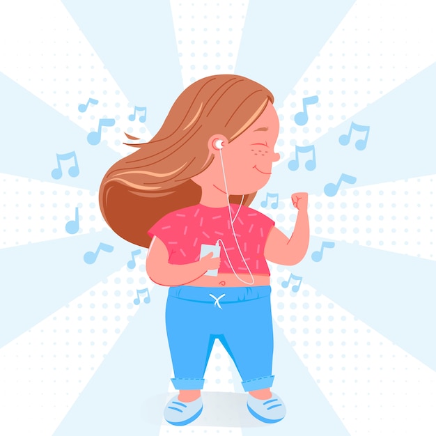 Cute child girl character listen to music. happy dancing with mp3 player.