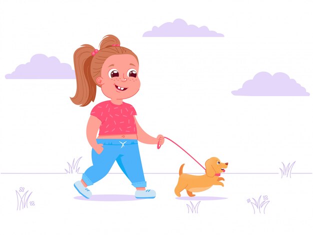 Милый ребенок девочка персонаж ходит собака