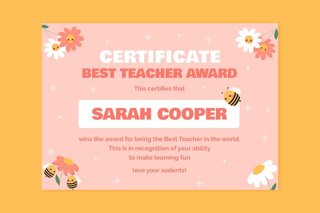 Free vector cute child-like bee-st teacher certificate template