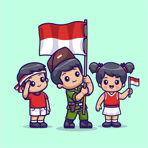 かわいい子供たちと男の兵士の敬意を持ってインドネシア国旗漫画ベクトル アイコン イラスト休日