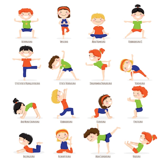 Симпатичные дети мальчики и девочки в лучших асан йоги представляет набор сбора мультфильм иконки