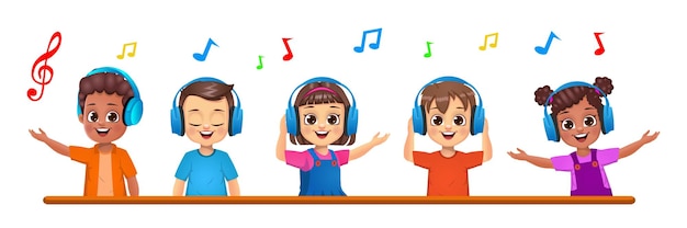 Cute children listening to music together