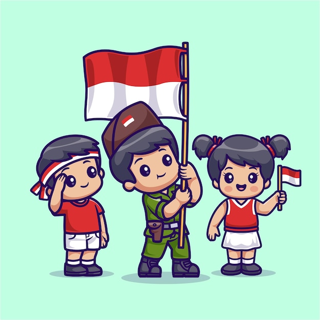 Cute Children And Man Soldier Respectful Indonesian Flag Cartoon Vector Icon Illustration Holiday