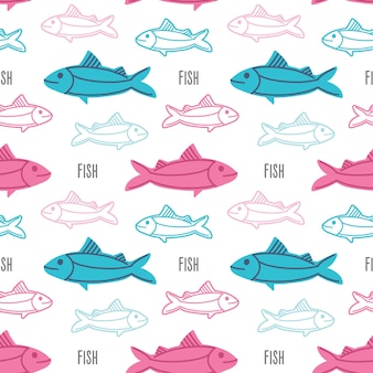 Cute children's seamless pattern with pink and blue fish and lettering