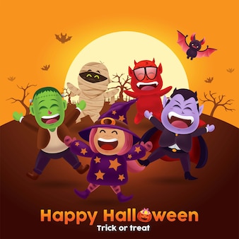 Милые дети с монстром и призрачным костюмом в helloween