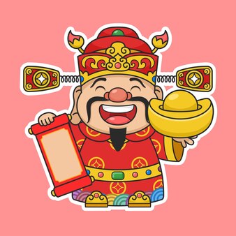 Cute chinese new year fortune god holding gold money and scroll