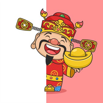 Cute chinese new year fortune god holding gold money behind wall