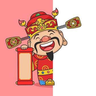 Cute chinese new year fortune god holding scroll behind wall