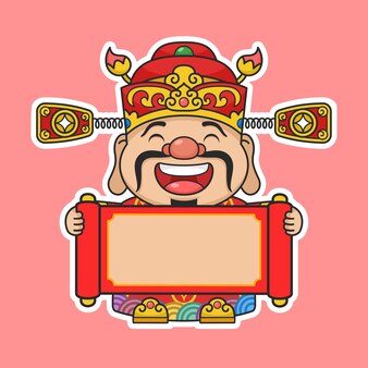 Cute chinese new year fortune god holding scroll
