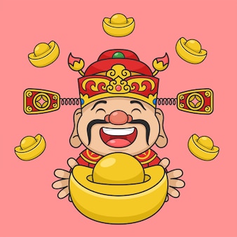 Cute chinese new year fortune god surrounded by gold money