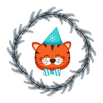 Cute chinese tiger in childish style with festive christmas wreath of fir branches in cap and bow