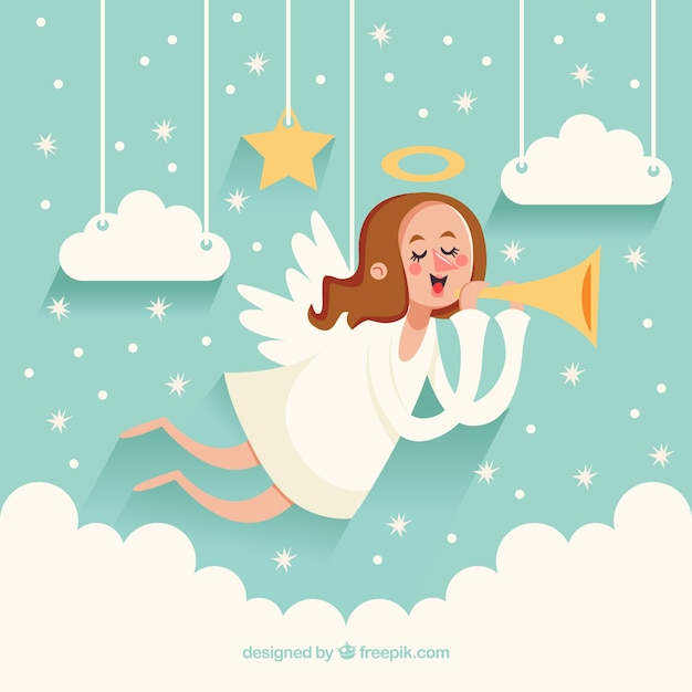 Free vector cute christmas angel background with trumpet