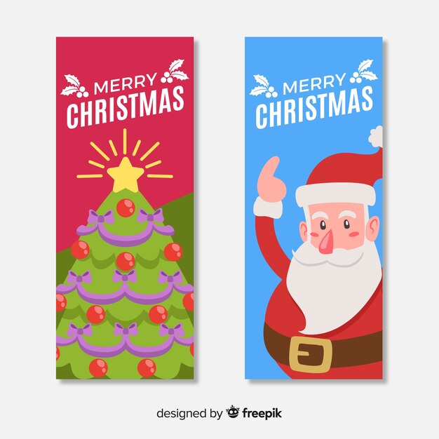 Cute christmas banner set with tree and santa claus in flat design