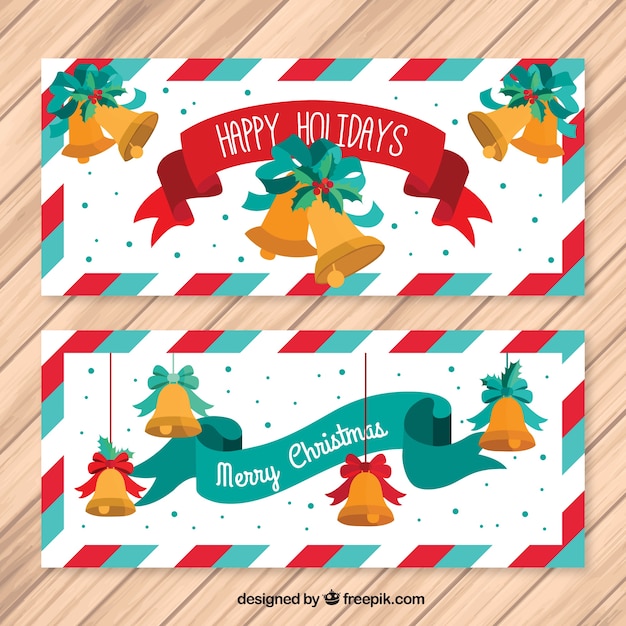 Бесплатное векторное изображение Симпатичные баннеры рождество с лентами и колокольчиками