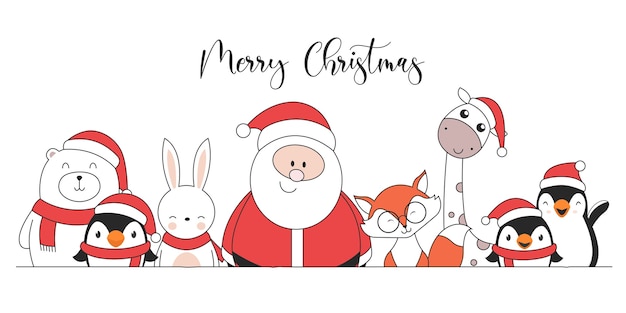 Cute Christmas characters Penguins Santa Claus giraffe rabbit polar bear and fox
