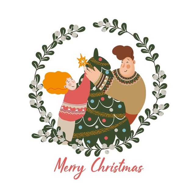 人と冬のシーズンのかわいいクリスマスイラスト プレミアムベクター