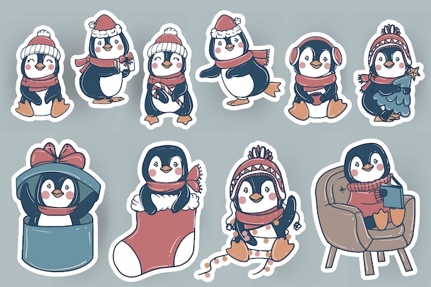 Симпатичные рождественские наклейки с пингвином каракули рисованной иллюстрации