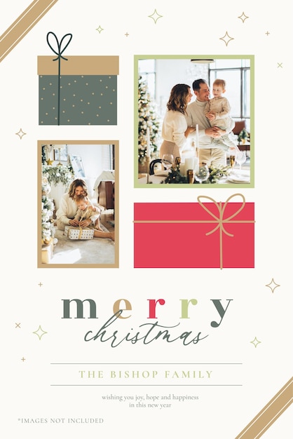 무료 벡터 가족 휴일 인사를 위한 귀여운 크리스마스 사진 카드 템플릿