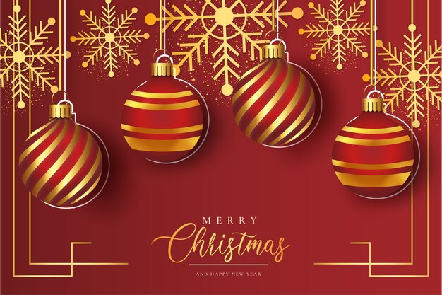 Cute Christmas Red Background with Realistic Christmas Balls Template