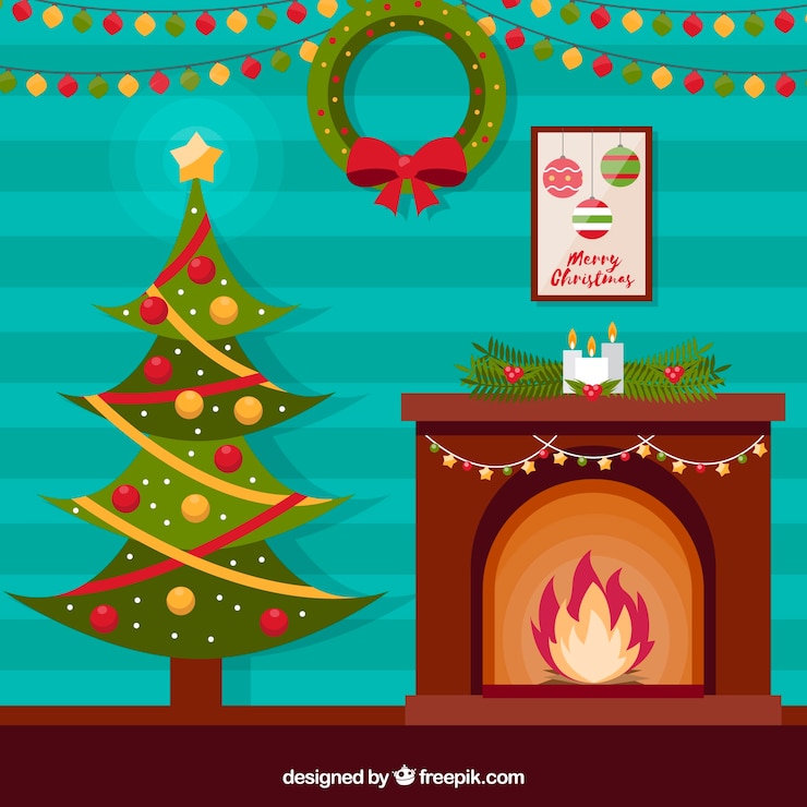 Free Vector cute christmas scene background with fireplace