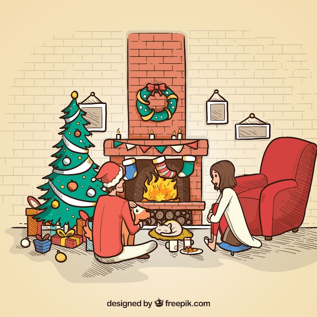 Free vector cute christmas scene background with fireplace