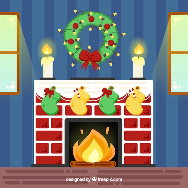 Cute christmas scene background with fireplace