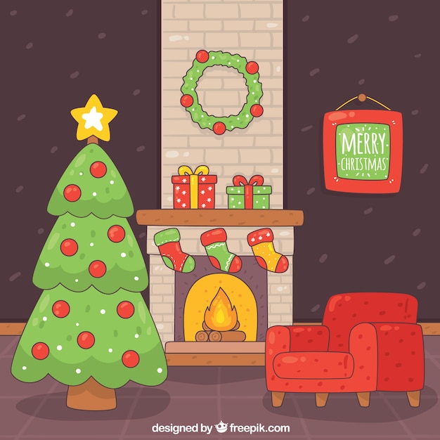 Free vector cute christmas scene background with fireplace