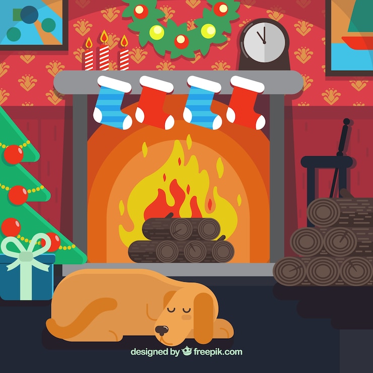 Free Vector cute christmas scene background with fireplace