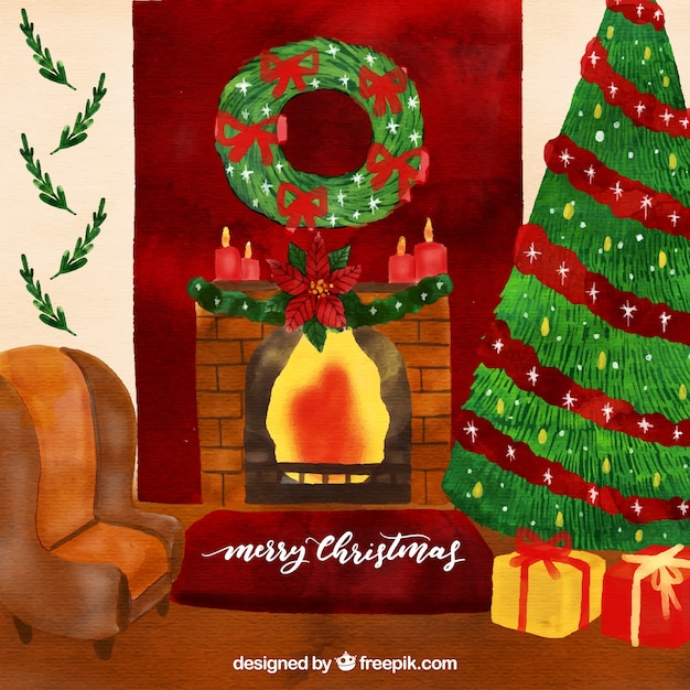 Cute christmas scene background with fireplace